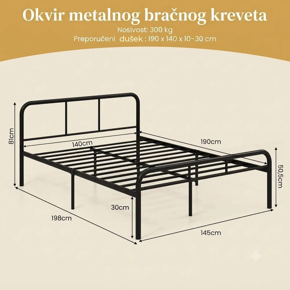 Domaro Metalni Krevet sa Uzglavljem 140x190 cm