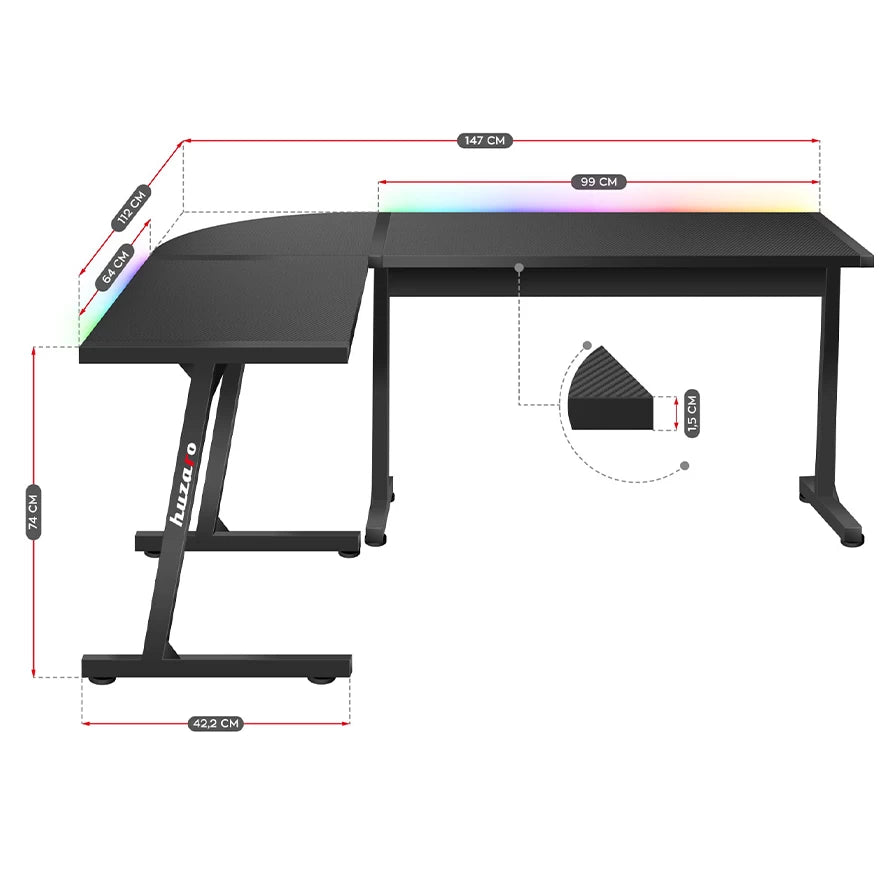 Huzaro Hero 6.0 Crni RGB Ugaoni Gaming sto 147x112 cm