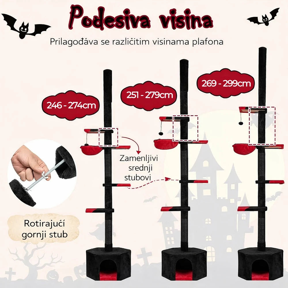 Halloween penjalica i grebalica za mačke do plafona Crevno Crna