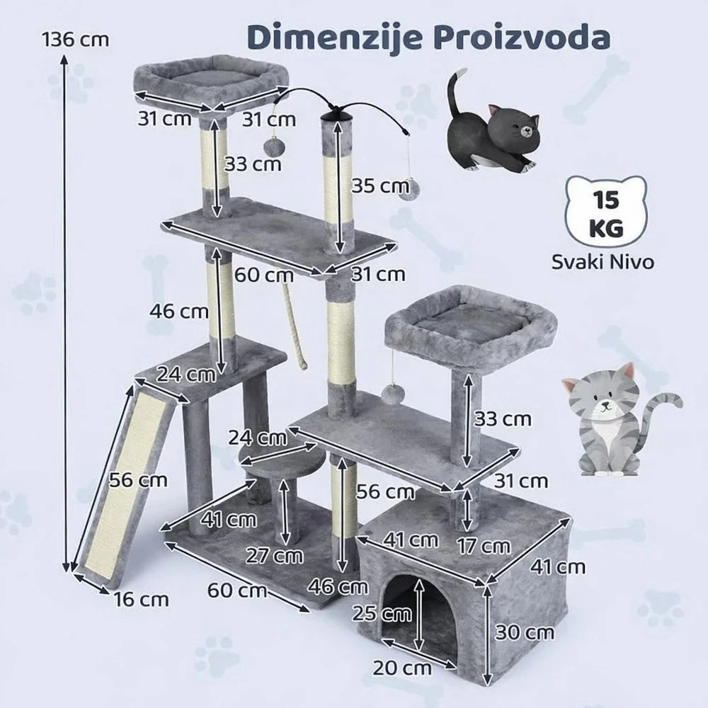Grebalica i penjalica za mačke 136 cm 7 nivoa
