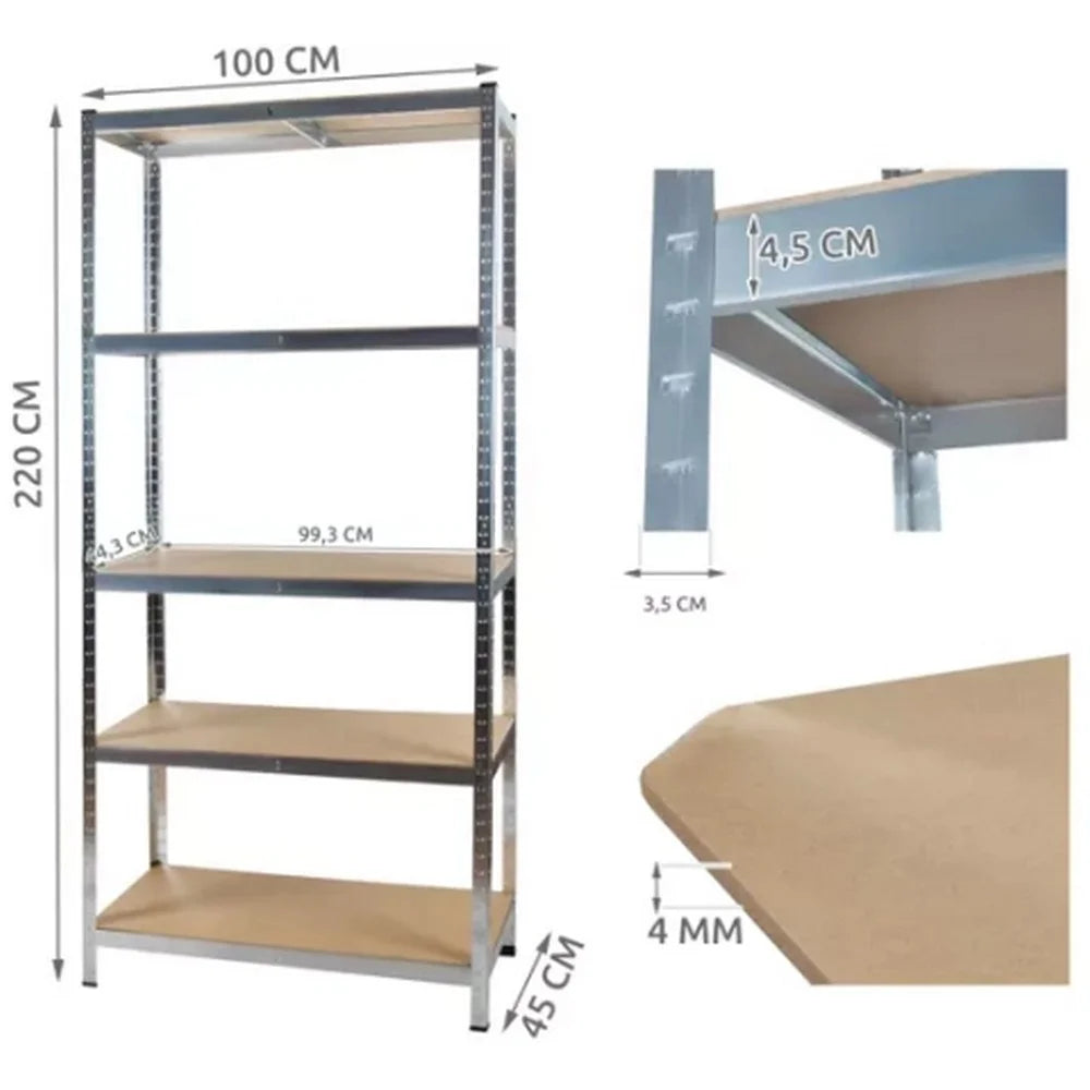 Pocinkovana metalna polica 220 × 100 × 45 cm – 5 nivoa