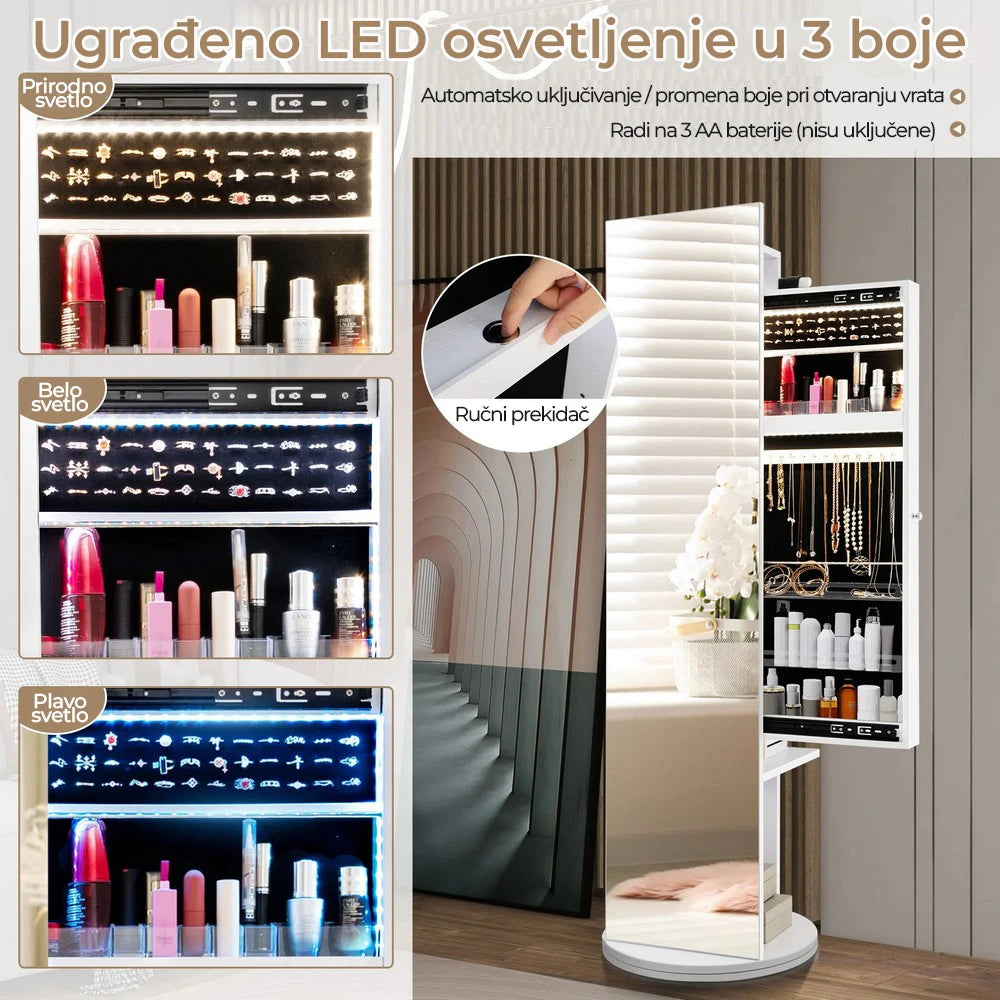 Okretno Ogledalo sa LED Ormarićem i Čivilukom 3u1 Belo