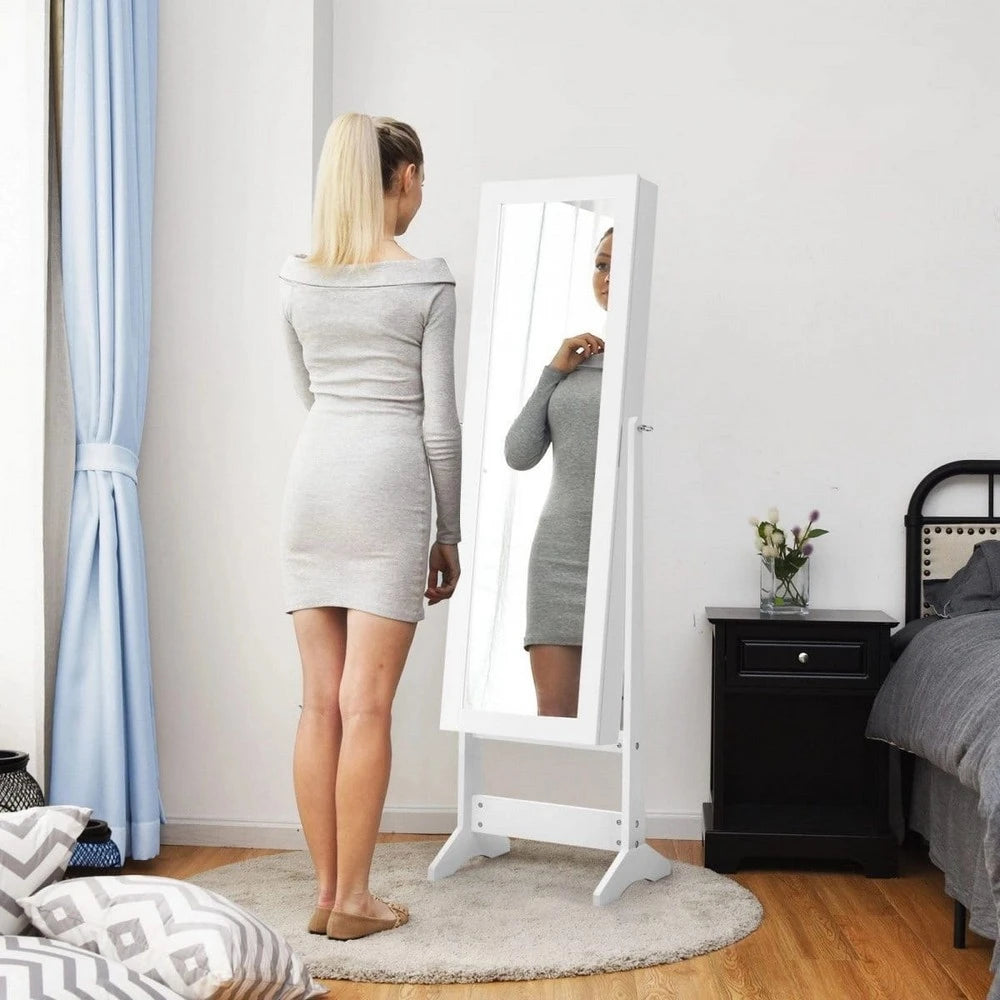 Samostojeći Ormar za Nakit sa Ogledalom 144 cm Beli