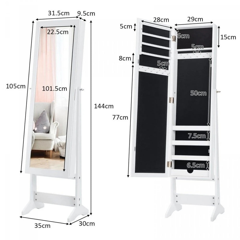Samostojeći Ormar za Nakit sa Ogledalom 144 cm Beli