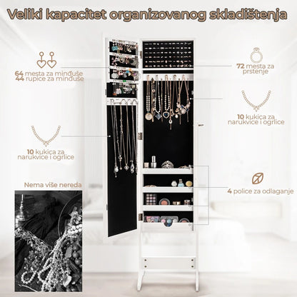 Samostojeći Ormar za Nakit sa Ogledalom 144 cm Beli