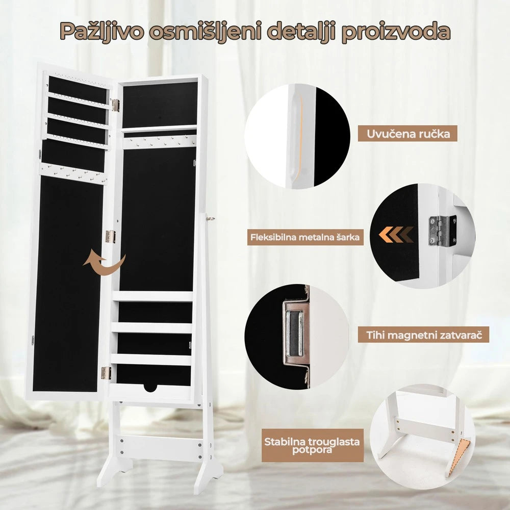 Samostojeći Ormar za Nakit sa Ogledalom 144 cm Beli